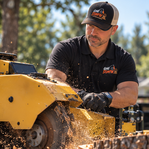 Adam operating the stump grinder, wood chips flying